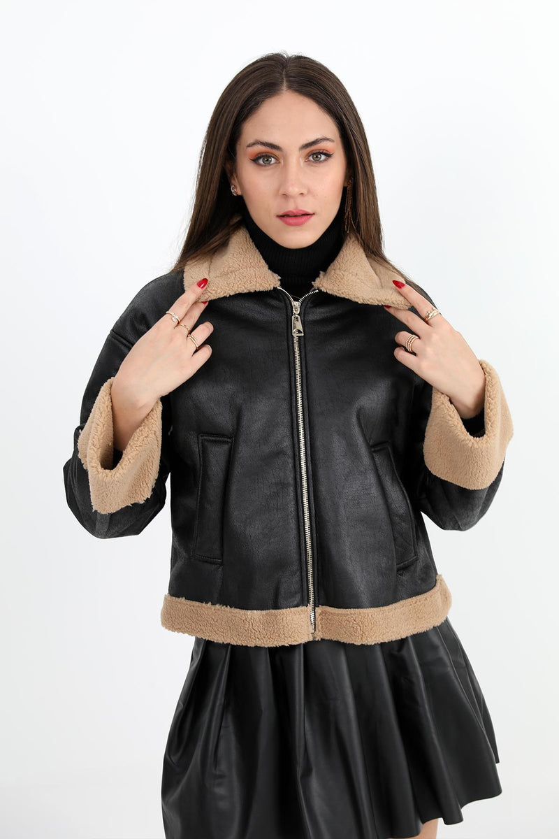 Women's Coat Sleeve Folded Suede Plush - Black - STREETMODE ™