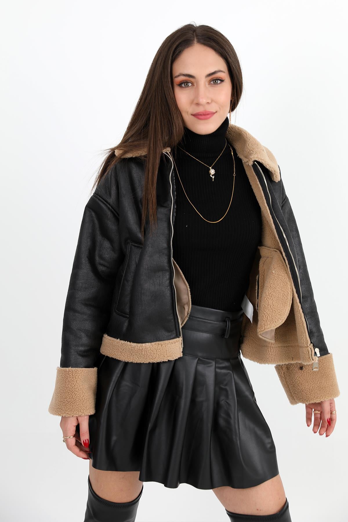 Women's Coat Sleeve Folded Suede Plush - Black - STREETMODE ™