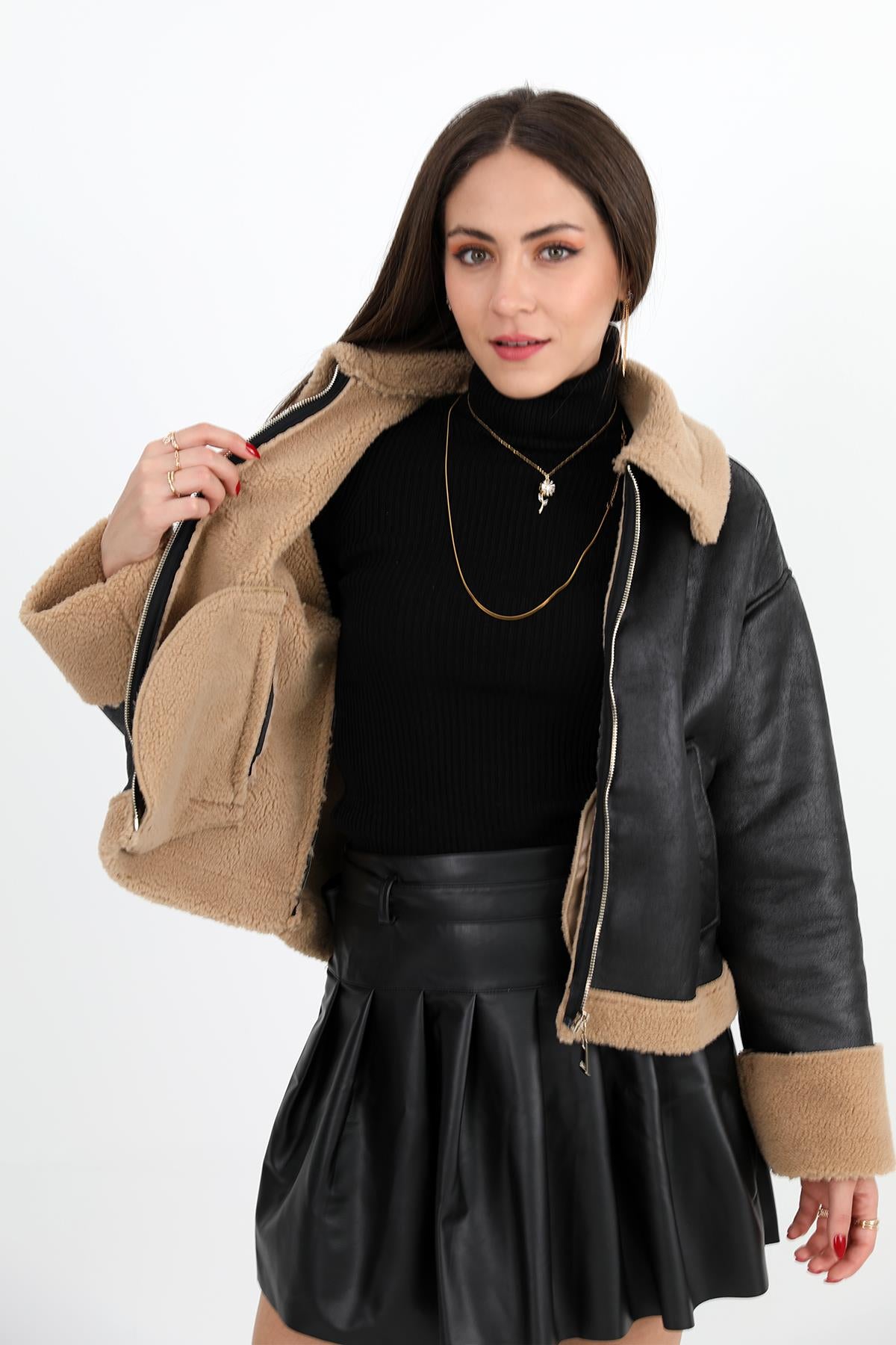 Women's Coat Sleeve Folded Suede Plush - Black - STREETMODE ™