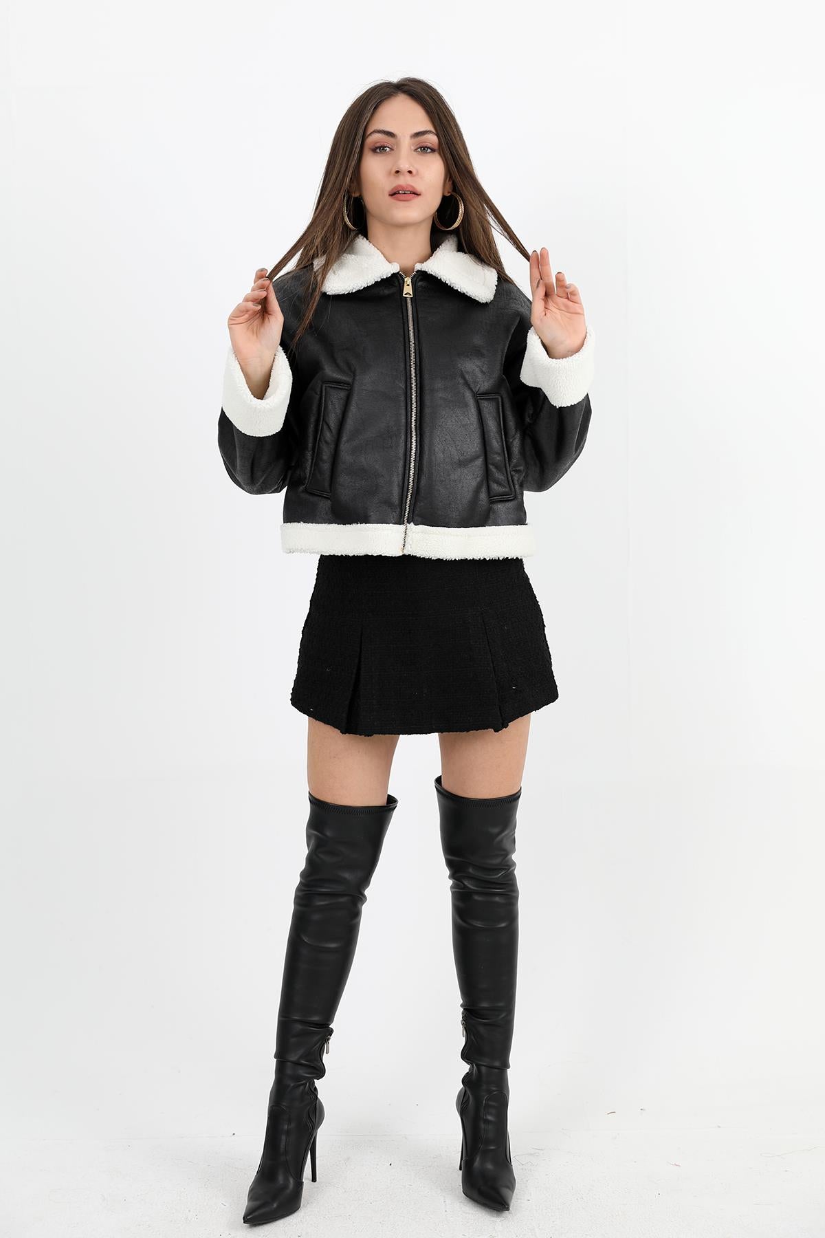 Women's Coat Sleeve Folded Suede Plush - Black-Ecru - STREETMODE ™