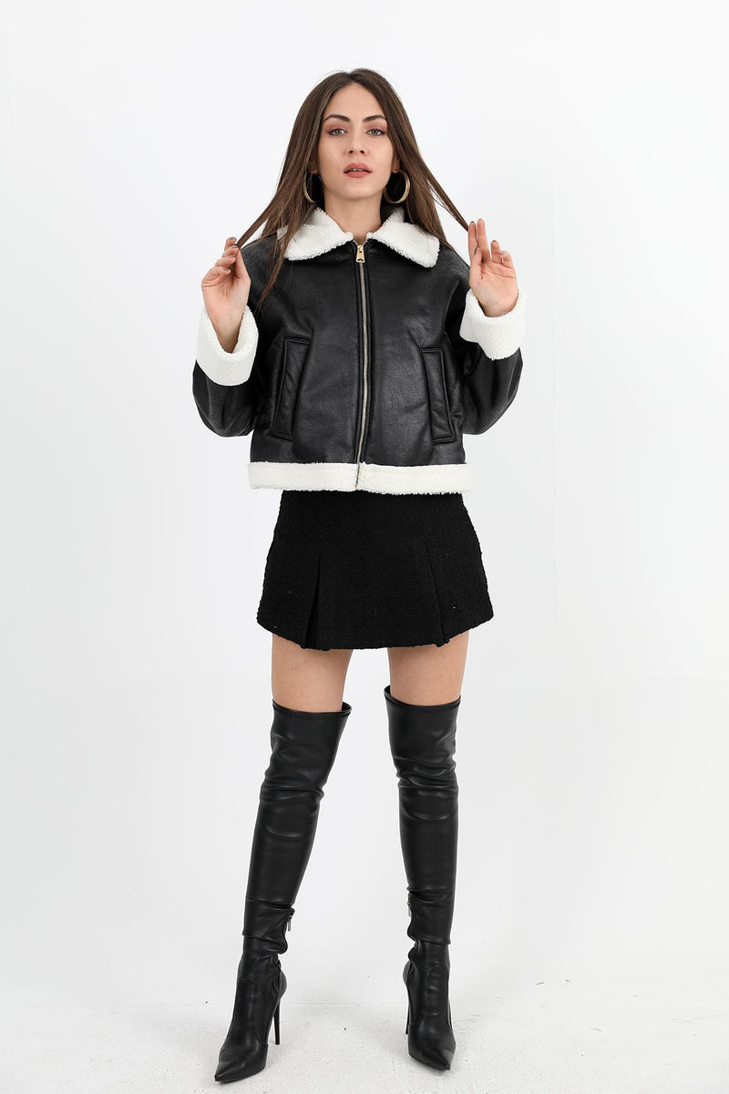 Women's Coat Sleeve Folded Suede Plush - Black-Ecru - STREETMODE ™