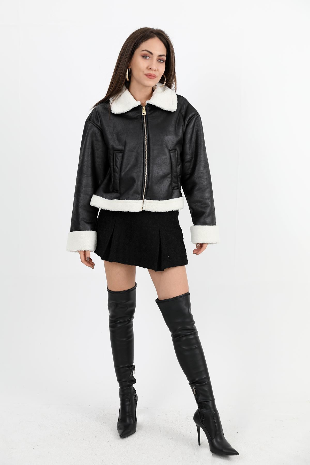Women's Coat Sleeve Folded Suede Plush - Black-Ecru - STREETMODE ™
