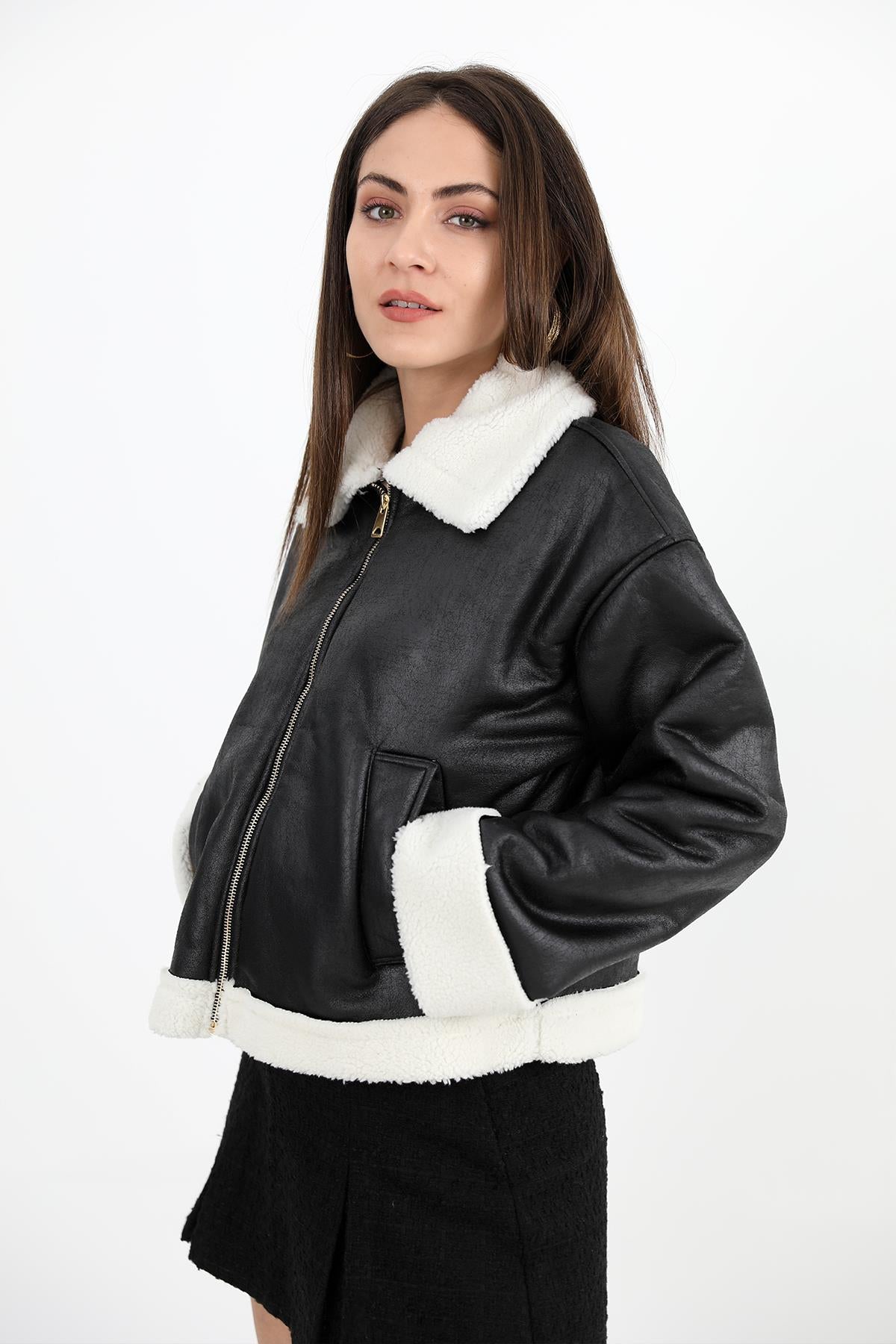 Women's Coat Sleeve Folded Suede Plush - Black-Ecru - STREETMODE ™