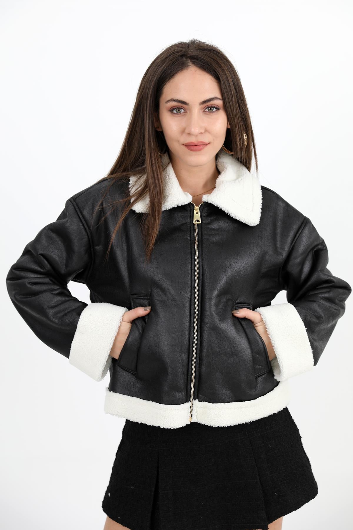 Women's Coat Sleeve Folded Suede Plush - Black-Ecru - STREETMODE ™