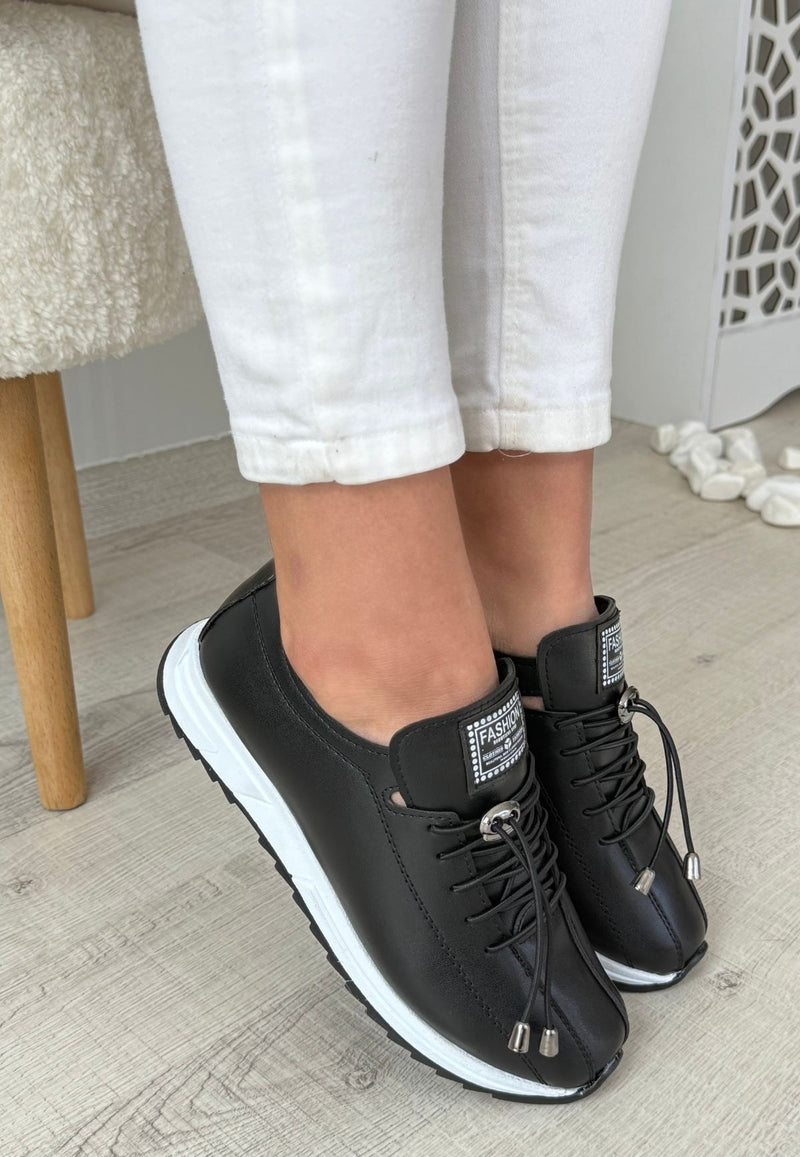 Women's Black Leather Lace-Up Sneakers - STREETMODE ™