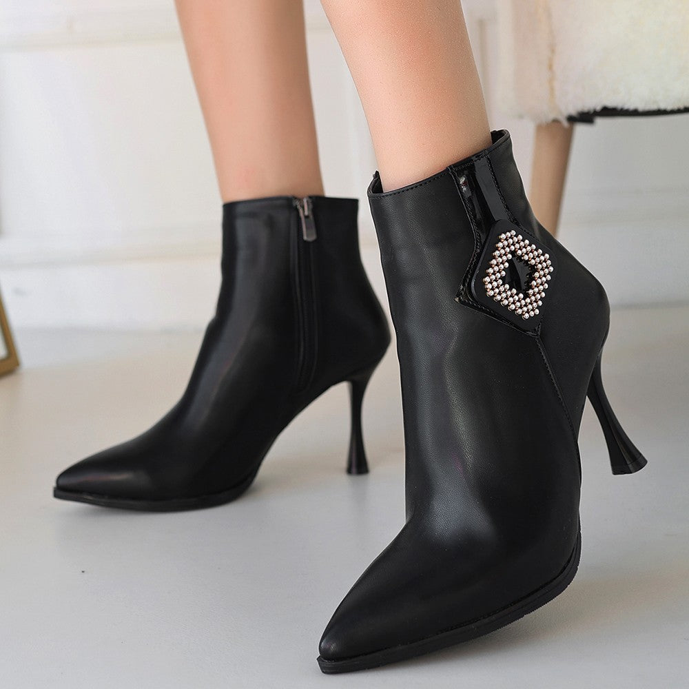 Women's Black Leather High Heel Boots - STREETMODE ™