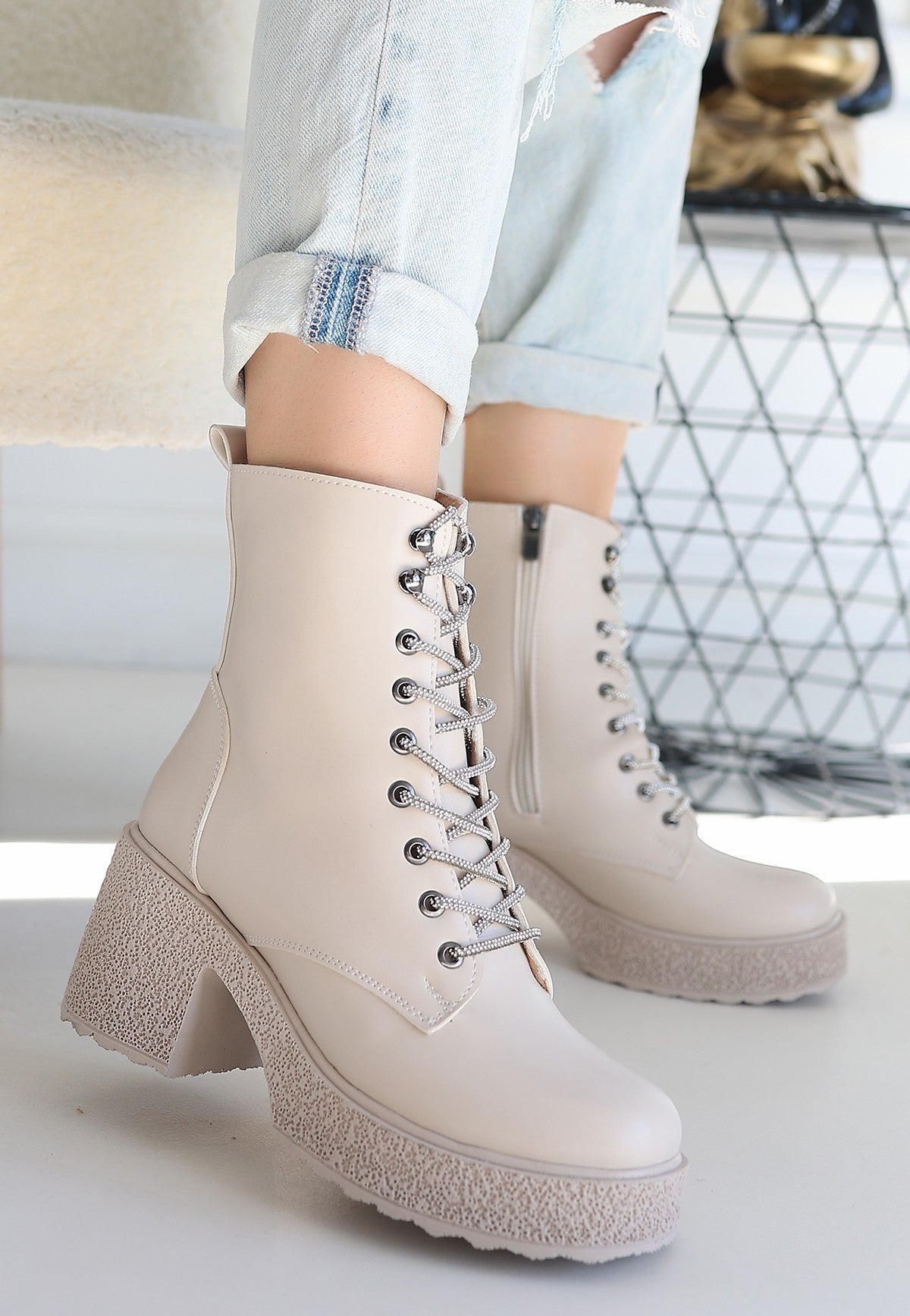 Women's Beige Leather Lace-Up Boots - STREETMODE ™