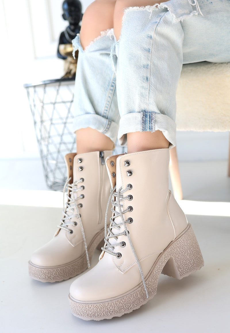 Women's Beige Leather Lace-Up Boots - STREETMODE ™