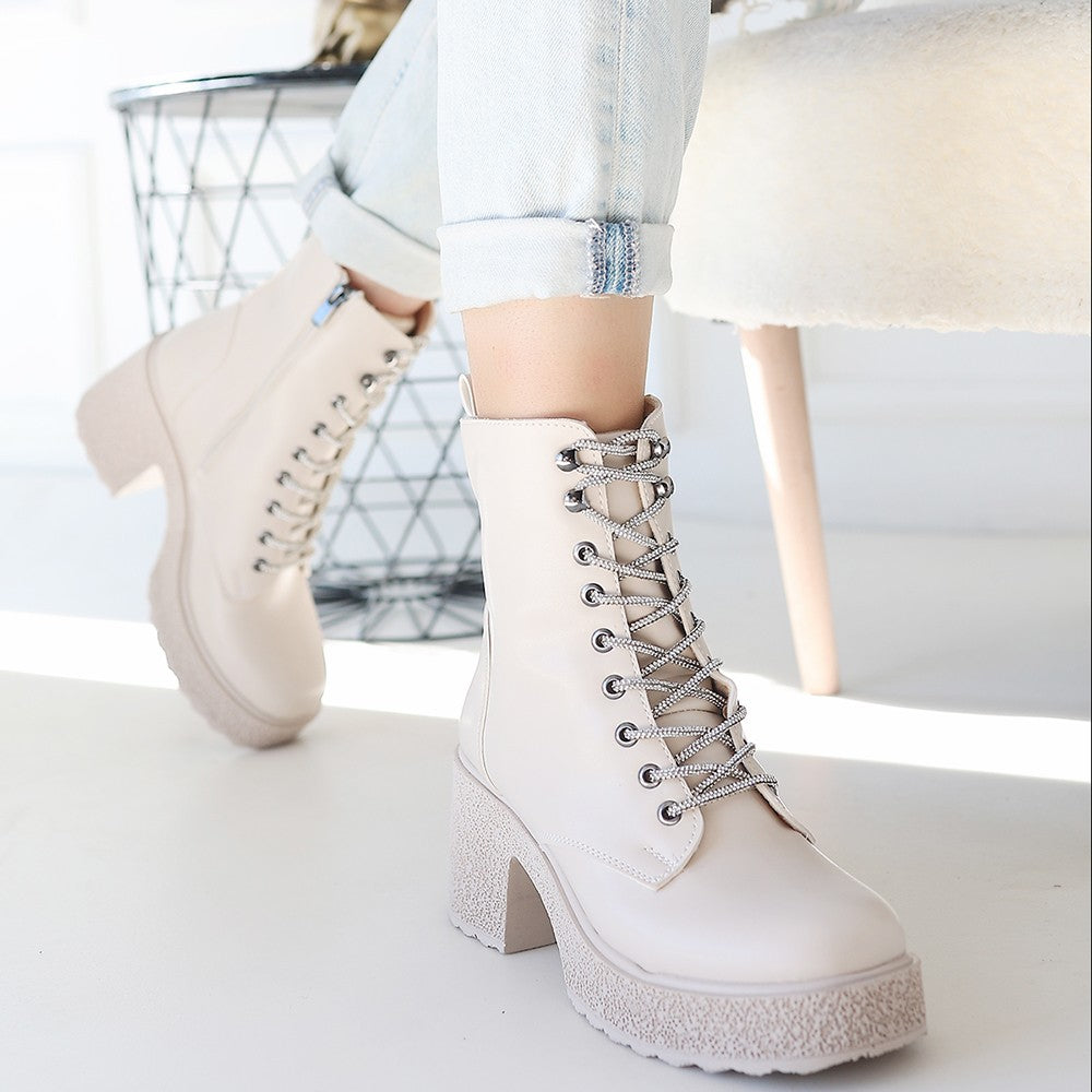 Women's Beige Leather Lace-Up Boots - STREETMODE ™