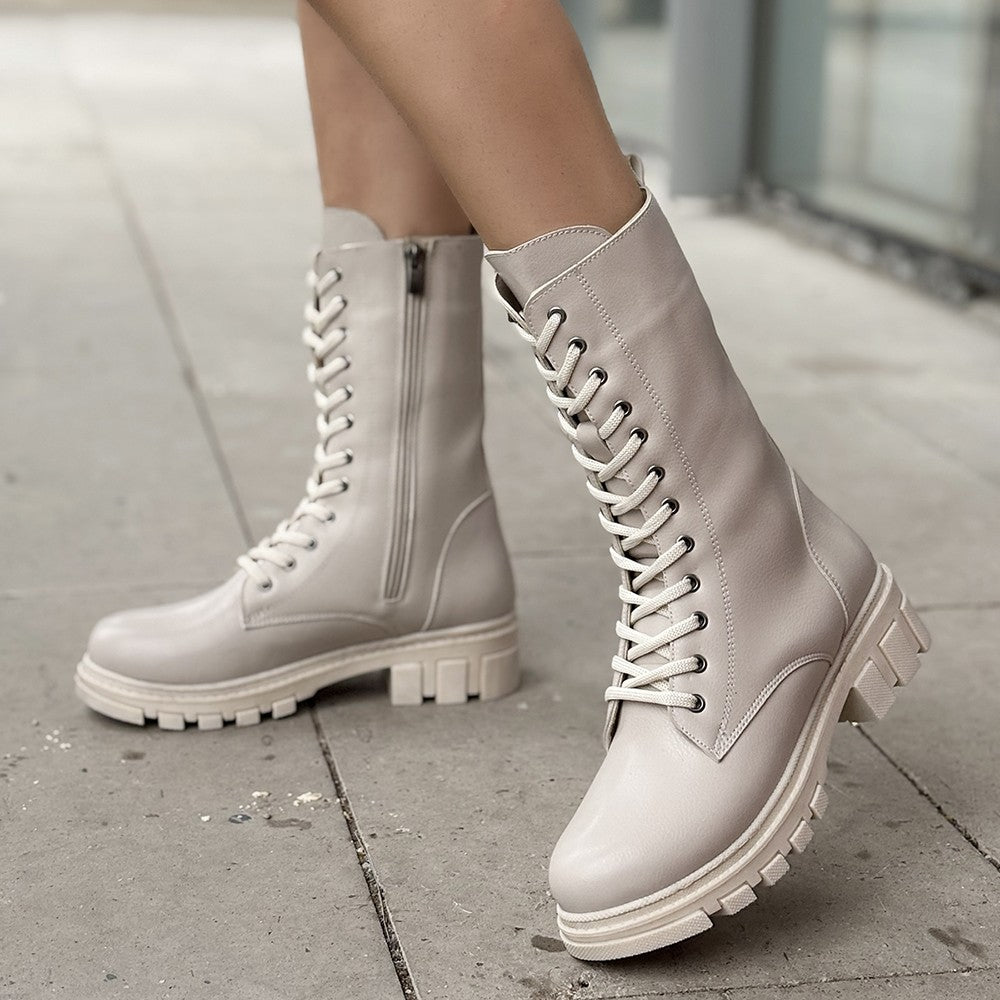 Women's Beige Leather Lace-Up Boots - STREETMODE ™