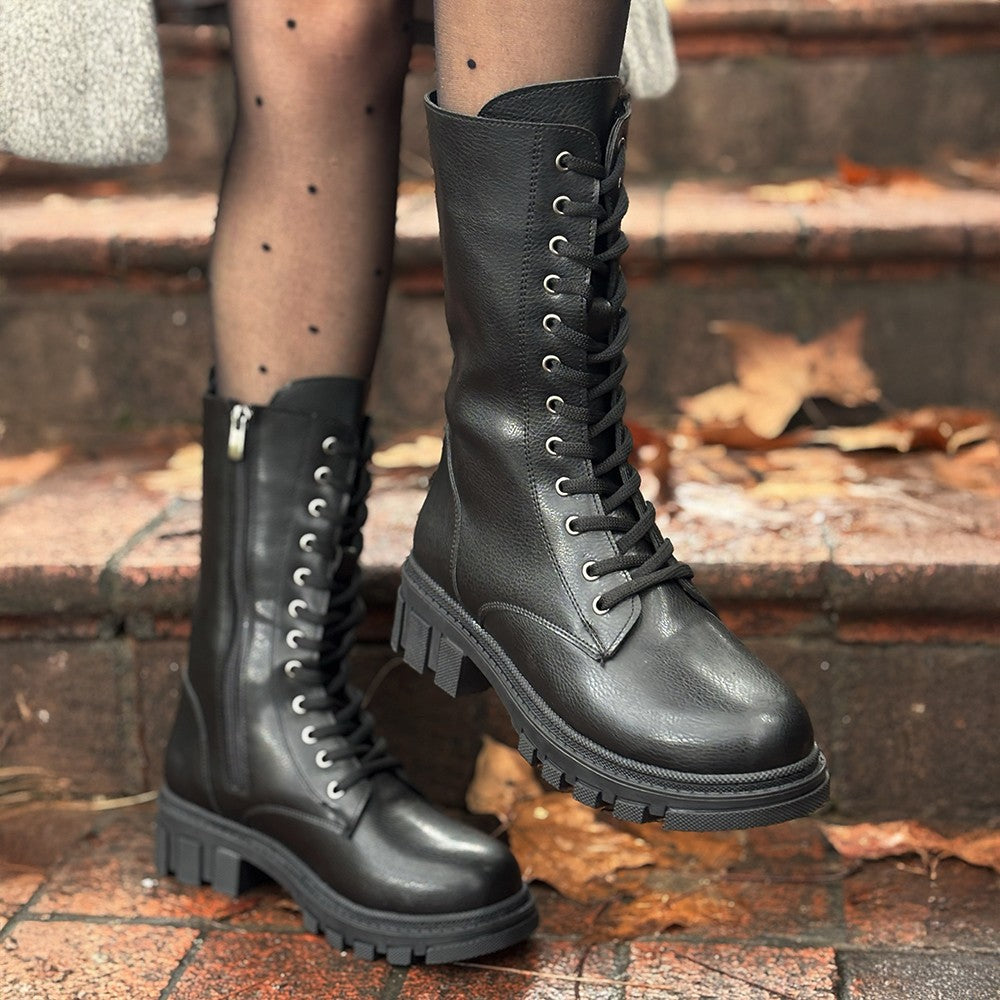 Women's Black Leather Lace-Up Boots - STREETMODE ™