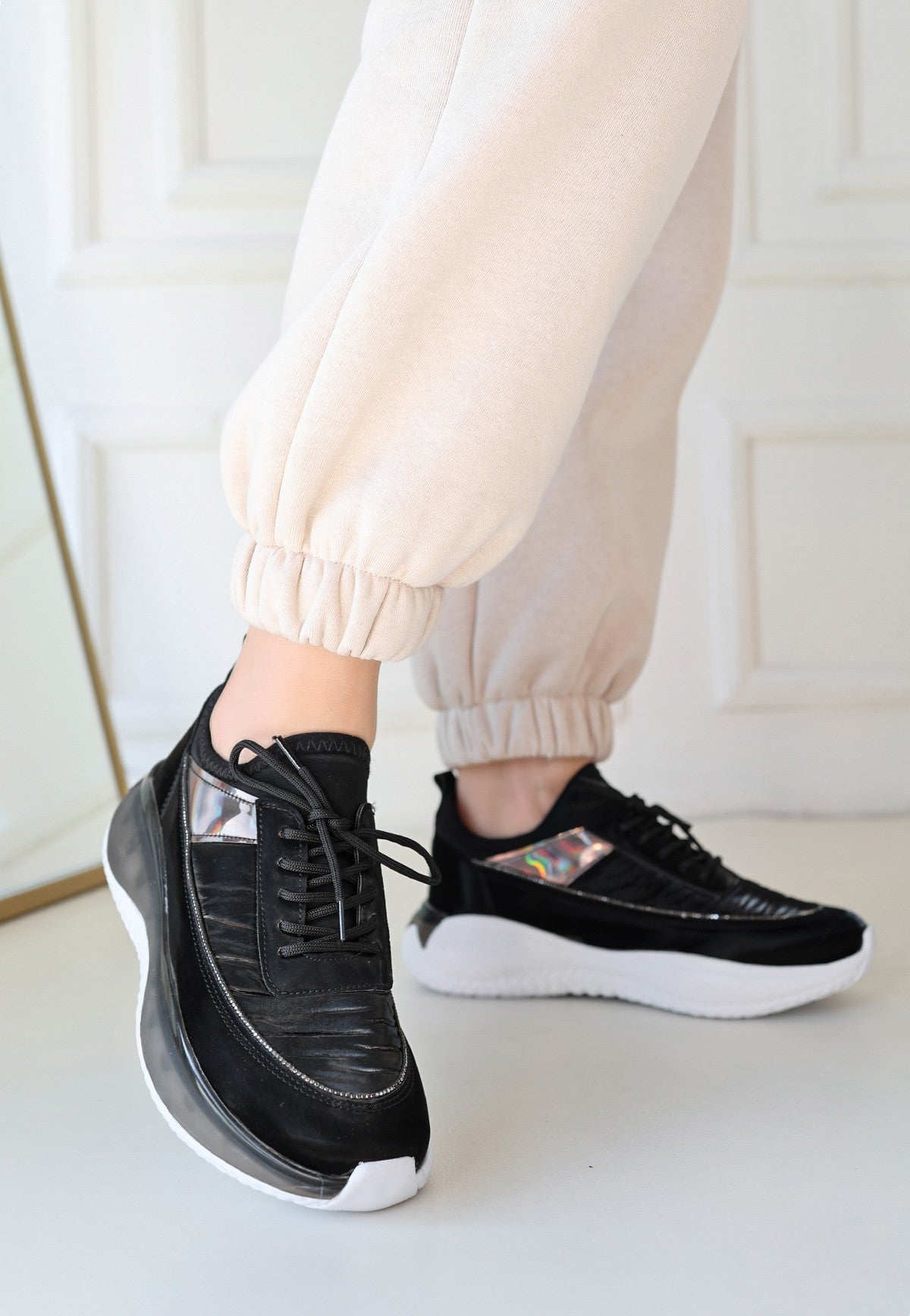 Women's Black Patent Leather Lace-Up Sneakers - STREETMODE ™