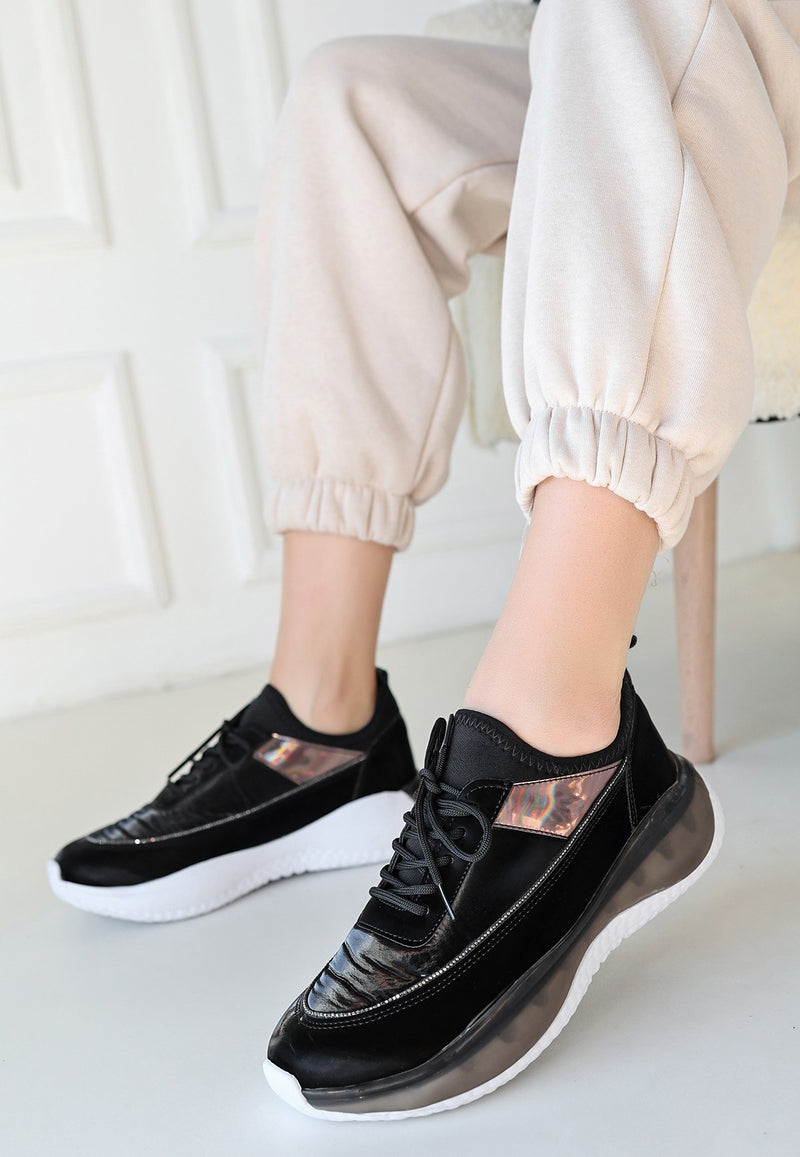 Women's Black Patent Leather Lace-Up Sneakers - STREETMODE ™