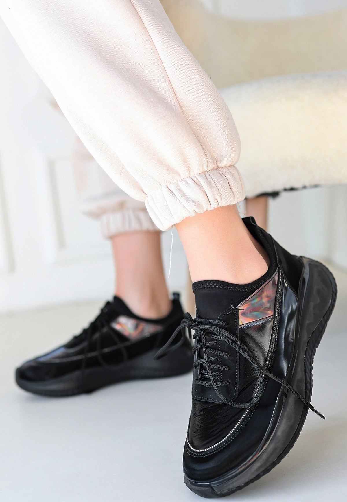 Women's Black Patent Leather Black Soled Lace-Up Sneakers - STREETMODE ™