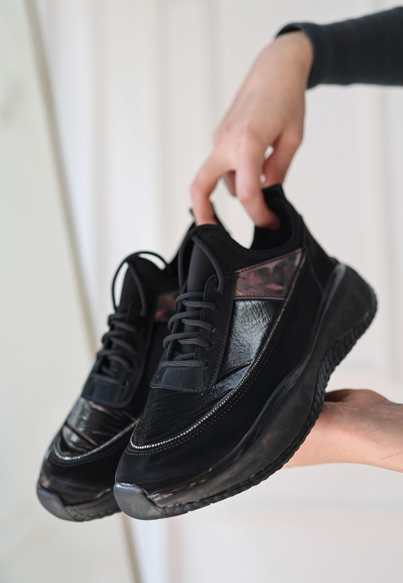Women's Black Patent Leather Black Soled Lace-Up Sneakers - STREETMODE ™