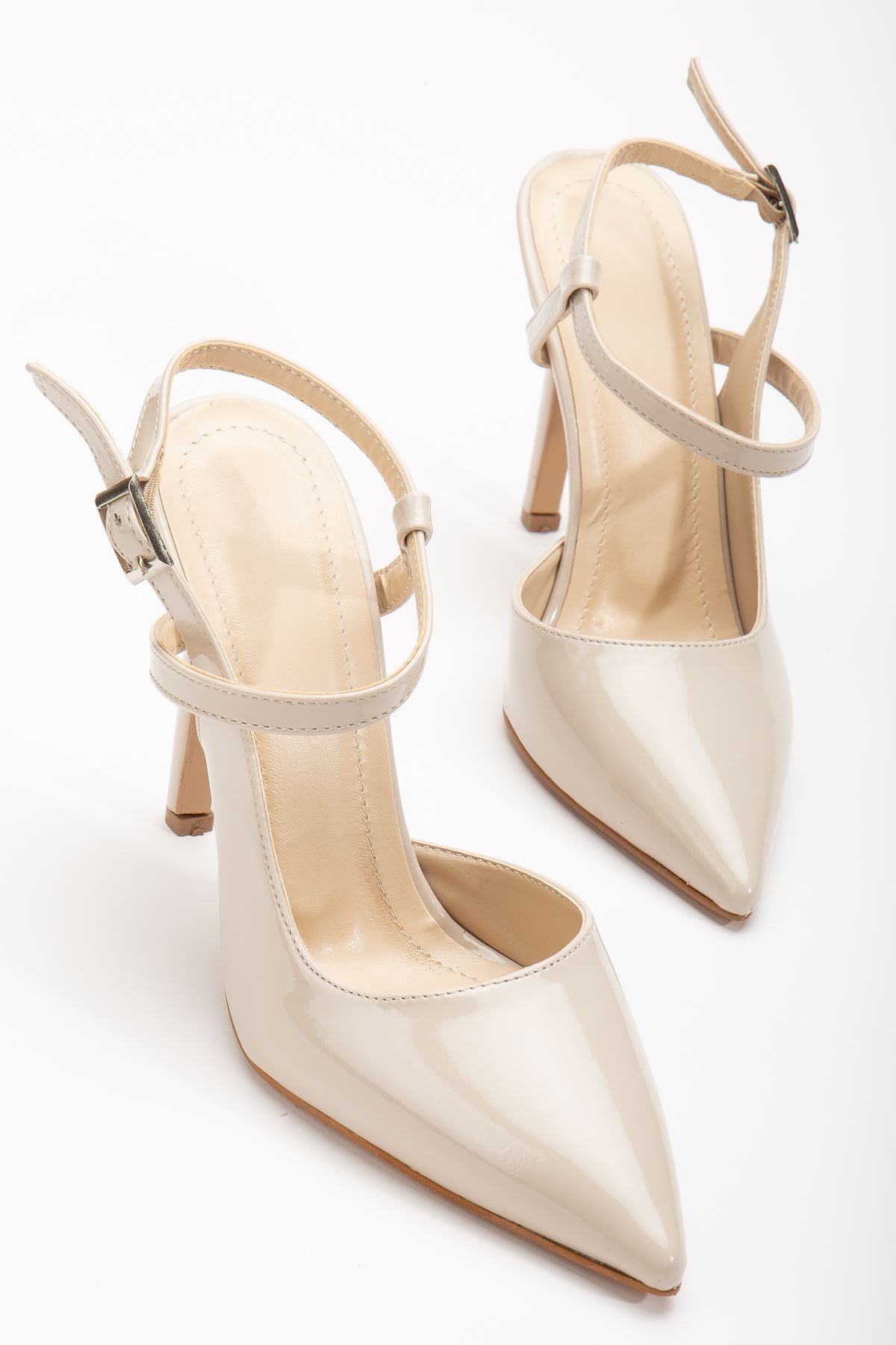 Nely Beige Patent Leather Pointed Women's Heeled Shoes - STREETMODE ™