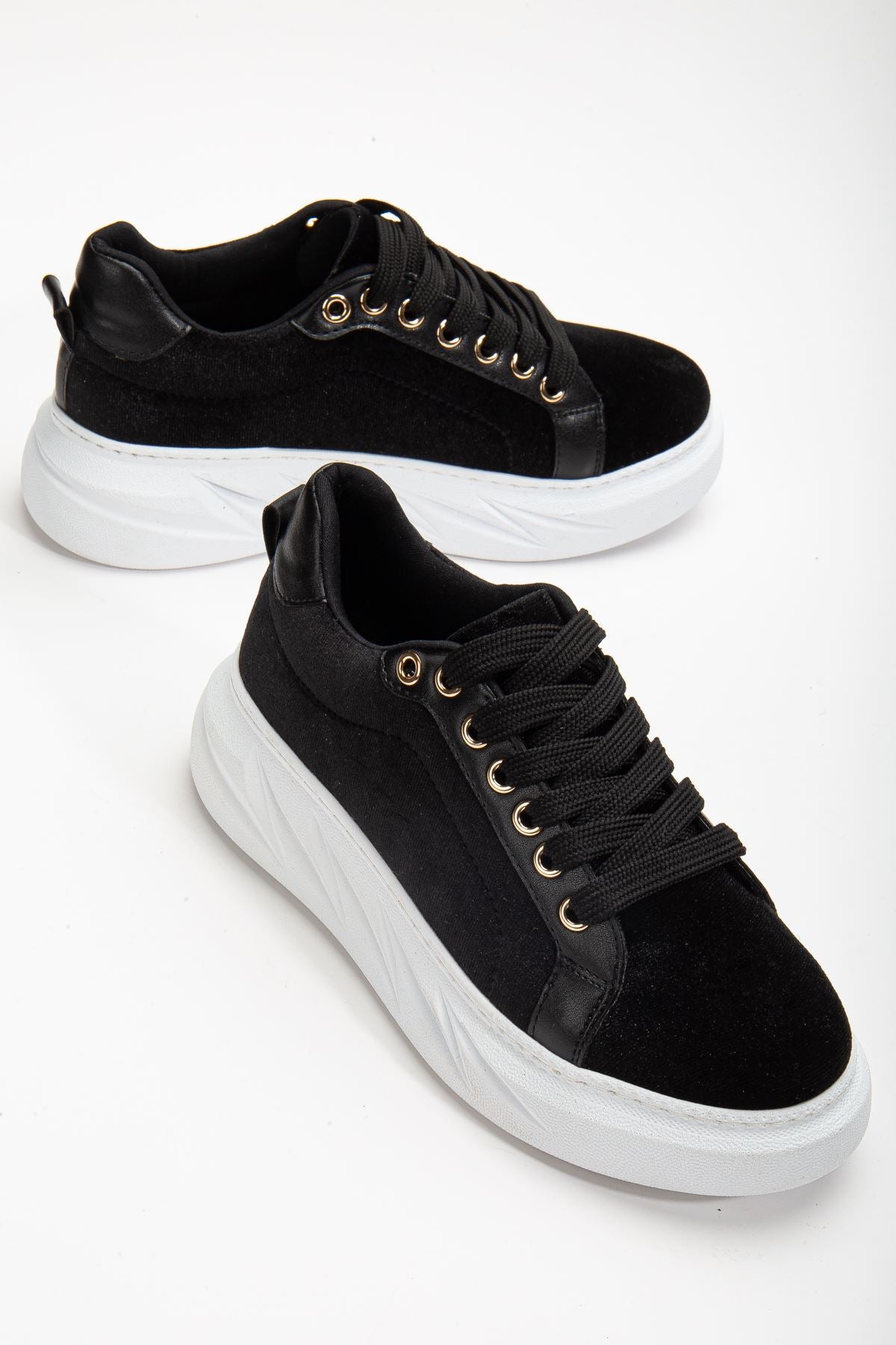 Women's Nerina Black Velvet Thick Sole Gold Detailed Sneakers - STREETMODE ™
