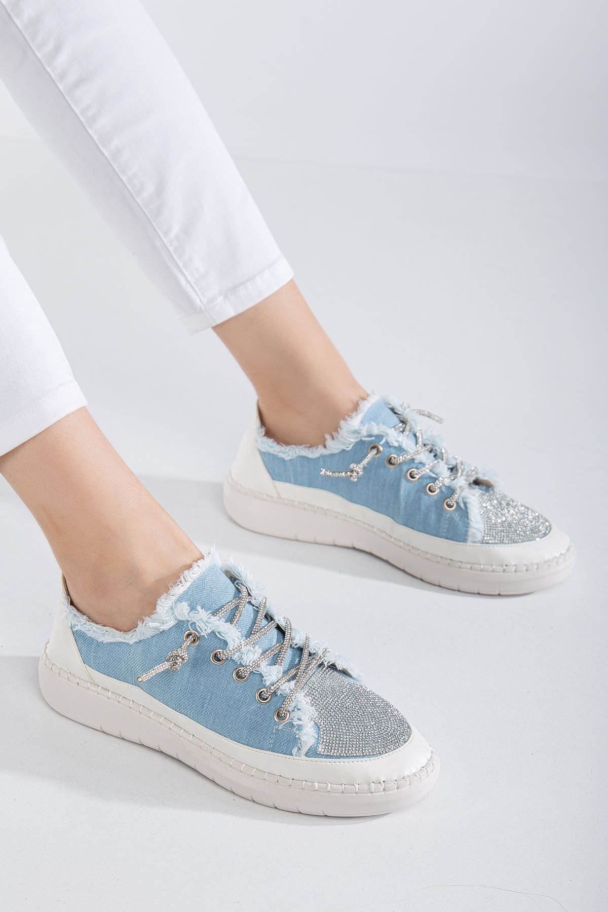 Stoned Flat Sole Women's Baby Blue Denim Sneakers - STREETMODE ™