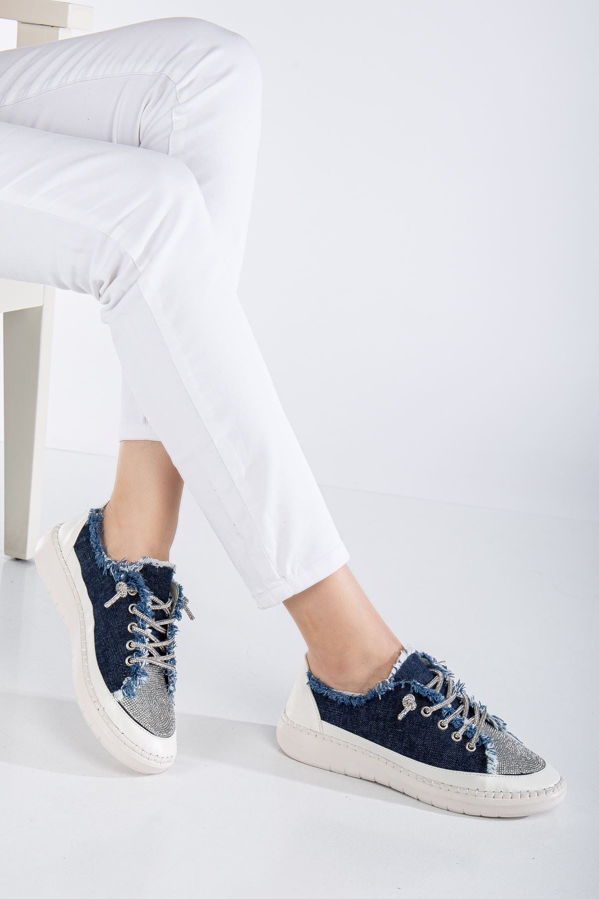 Stoned Flat Sole Women's Navy Blue Denim Sneakers - STREETMODE ™