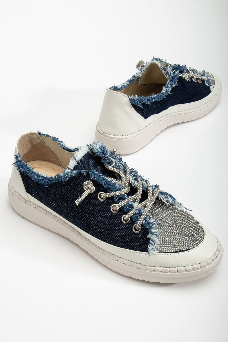 Stoned Flat Sole Women's Navy Blue Denim Sneakers - STREETMODE ™