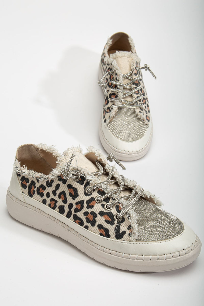 Stoned Flat Sole Women's Leopard Denim Sneakers - STREETMODE ™