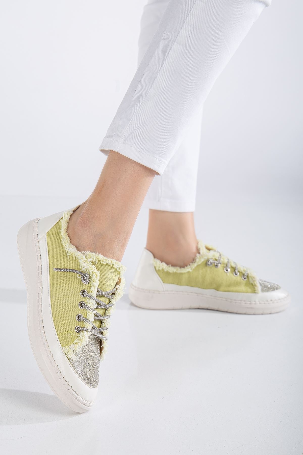 Stoned Flat Sole Women's Yellow Denim Sneakers - STREETMODE ™
