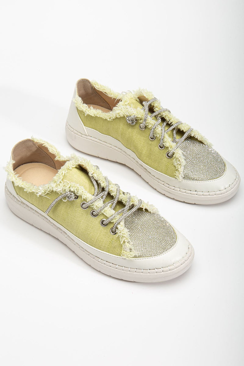 Stoned Flat Sole Women's Yellow Denim Sneakers - STREETMODE ™