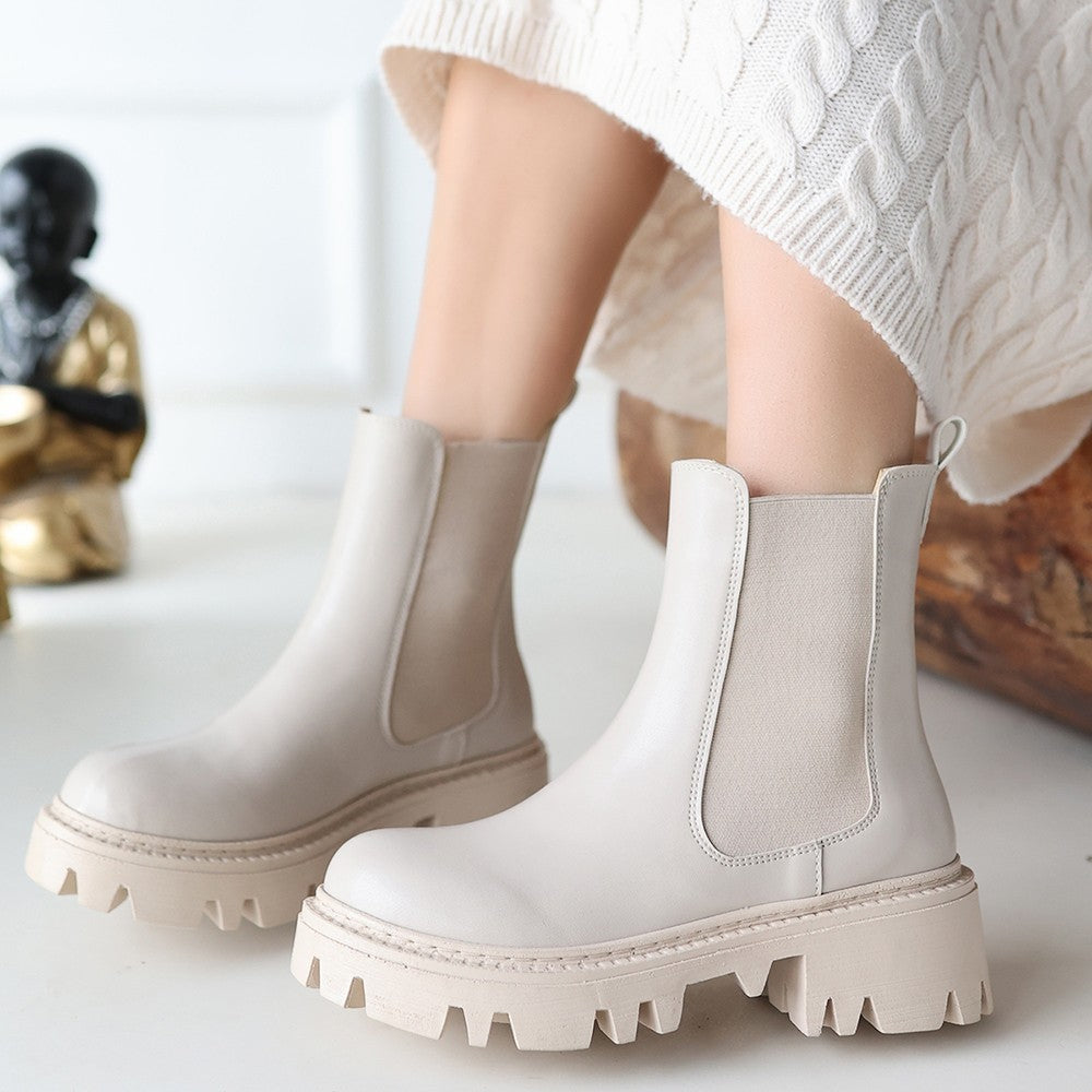 Women's Beige Skin Heeled Boots - STREETMODE ™
