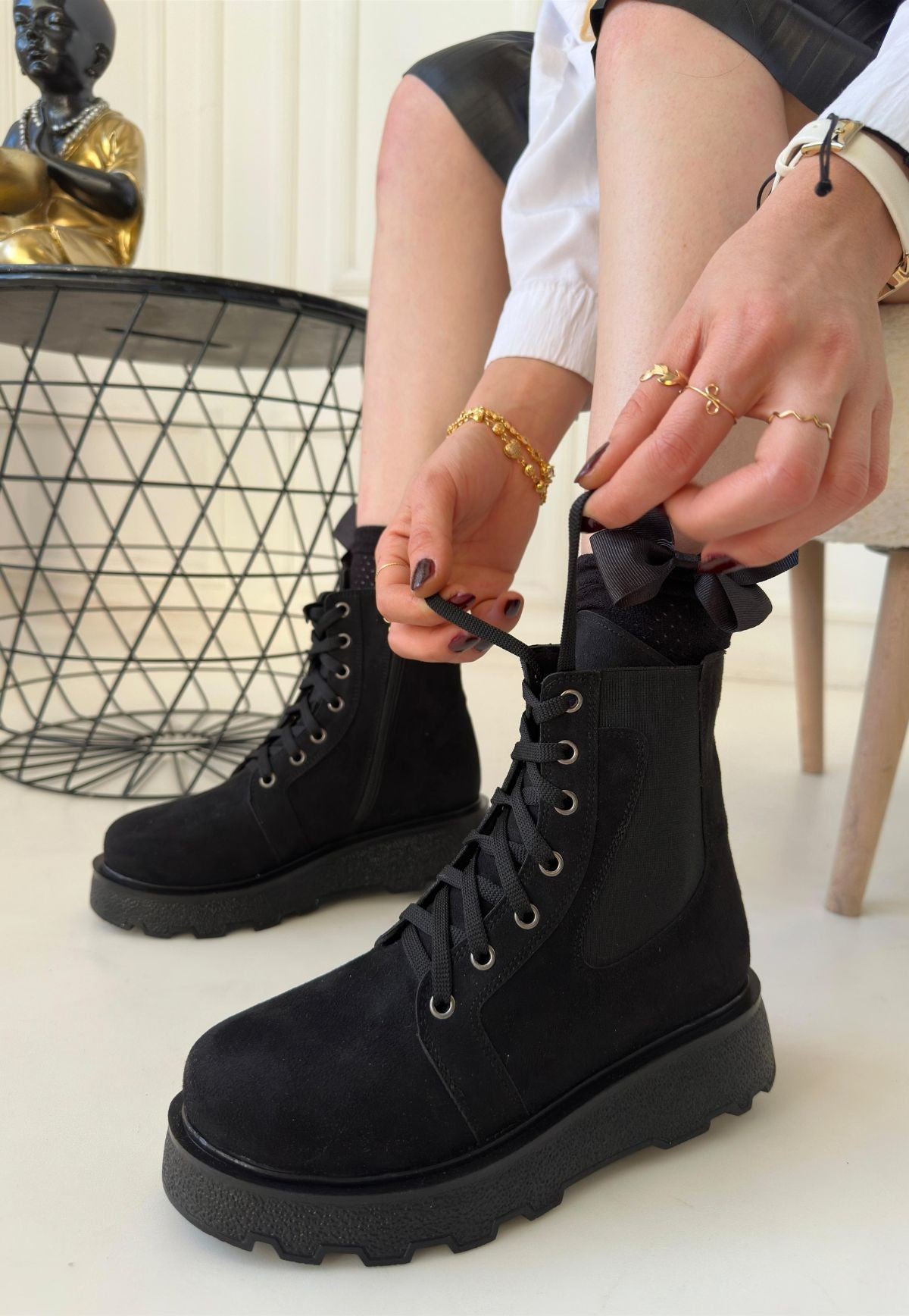 Women's Black Suede Lace-Up Boots - STREETMODE ™