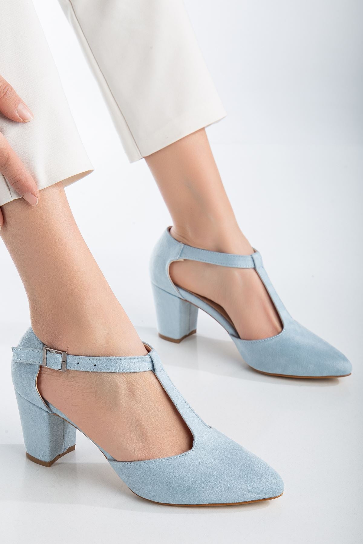 Baby Blue Suede Heeled Women's Shoes - STREETMODE ™