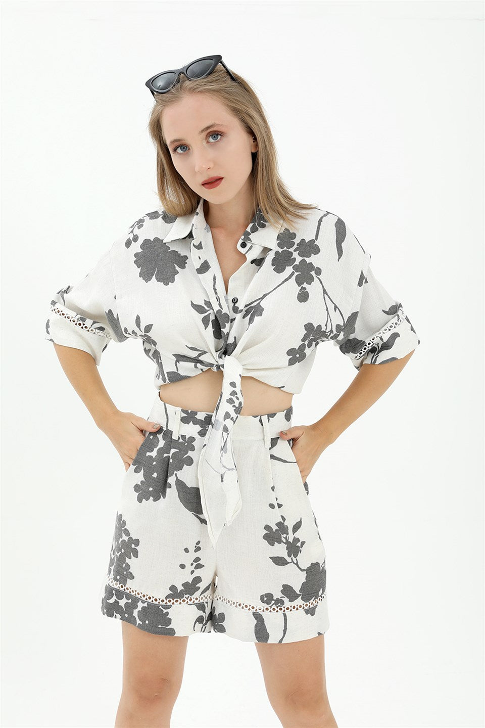 Women's Front Tie Lacy Linen Suit - Black - STREET MODE ™