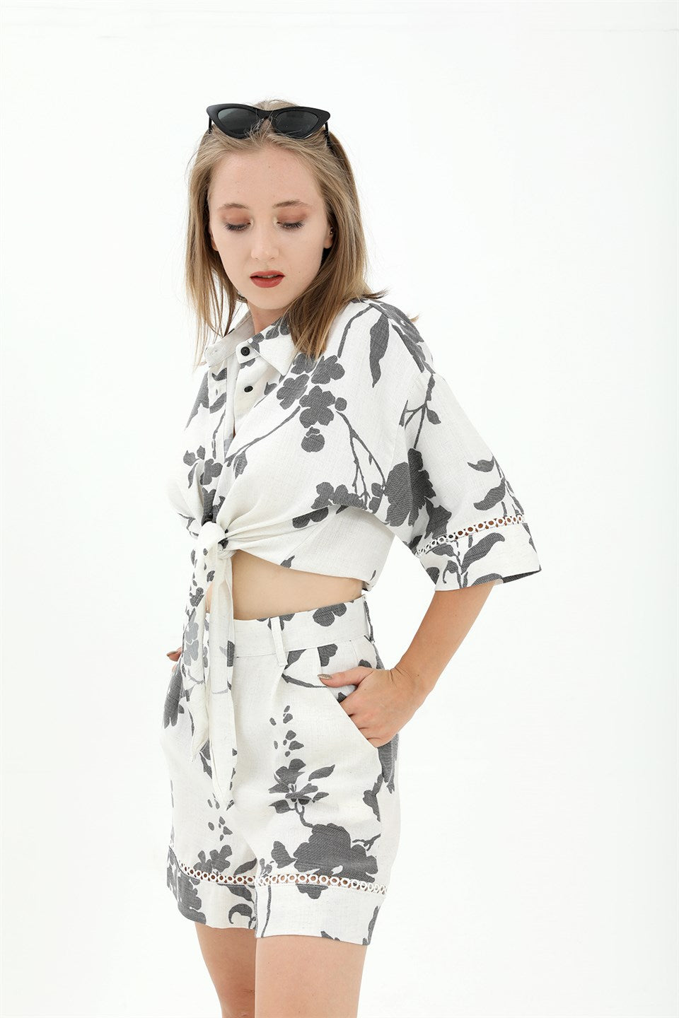 Women's Front Tie Lacy Linen Suit - Black - STREET MODE ™