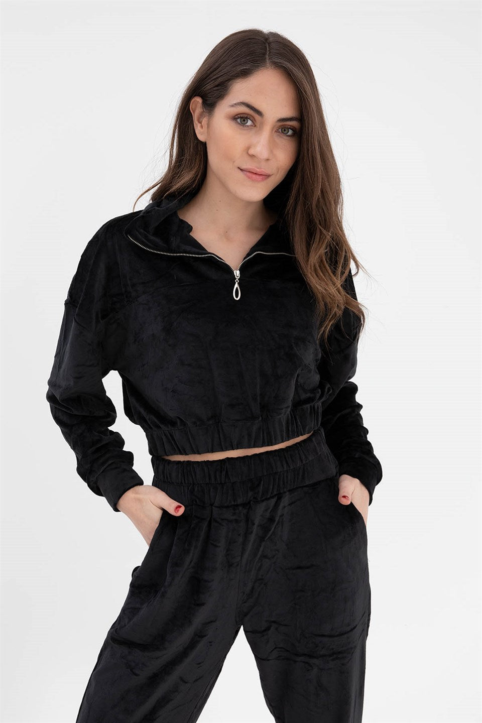 Women's Zippered Velvet Tracksuit Suit - Black - STREETMODE ™