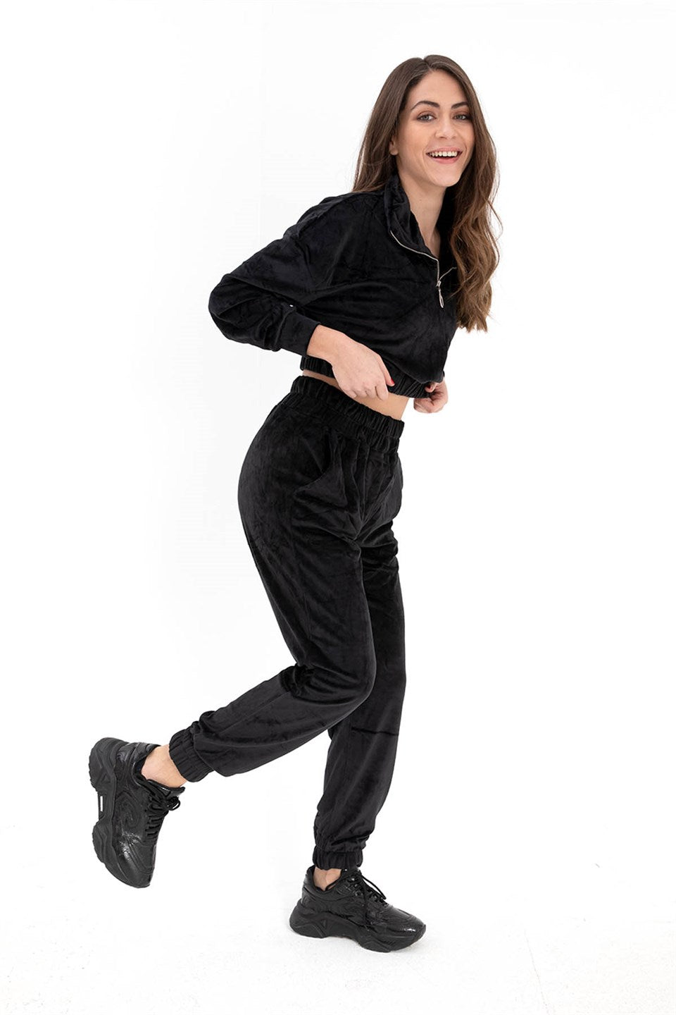 Women's Zippered Velvet Tracksuit Suit - Black - STREETMODE ™
