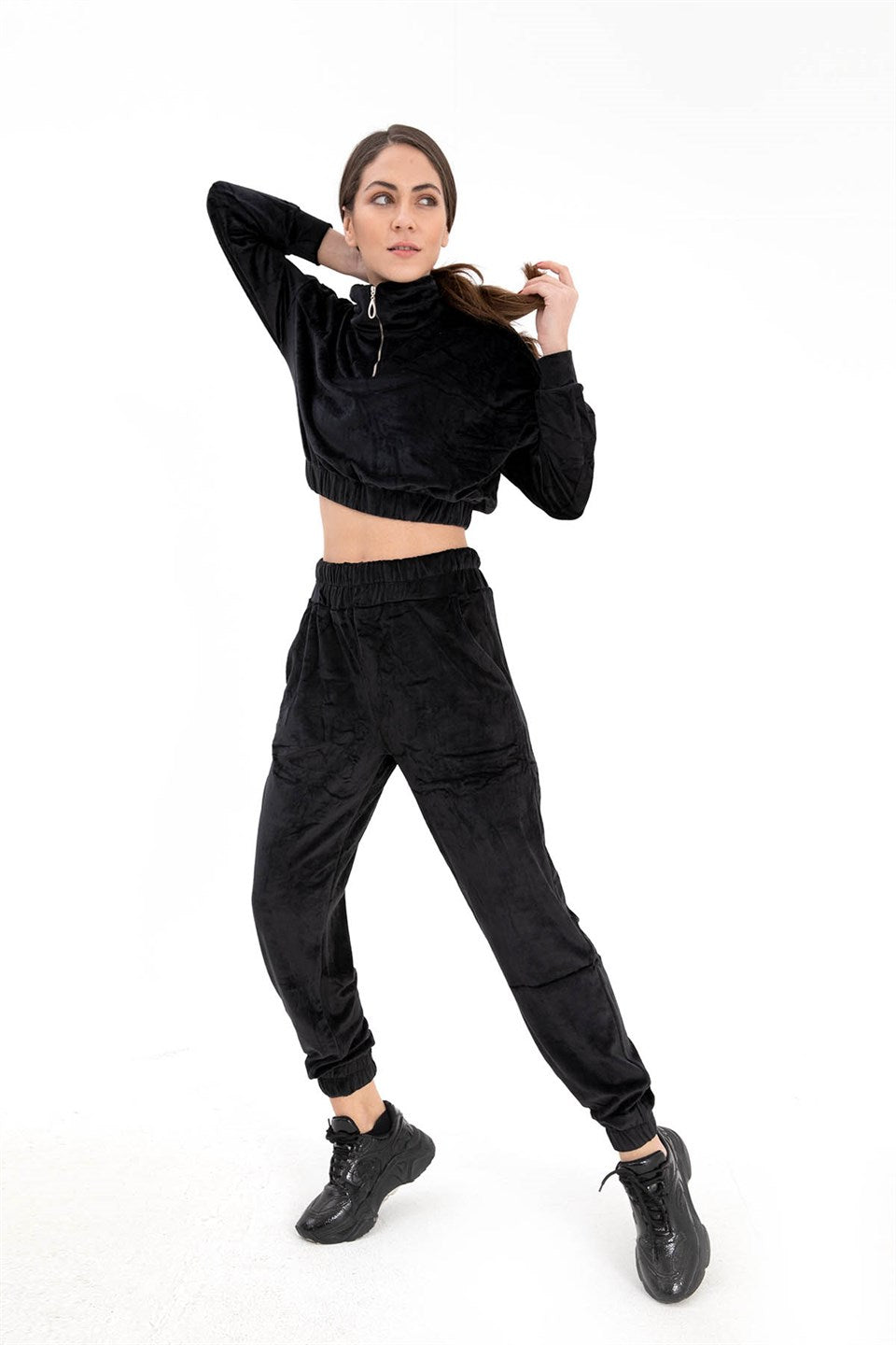 Women's Zippered Velvet Tracksuit Suit - Black - STREETMODE ™