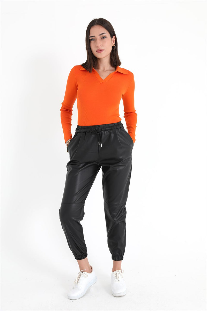 Women's Elastic Waist Pleated Pleated Leather Pants - Black - STREET MODE ™