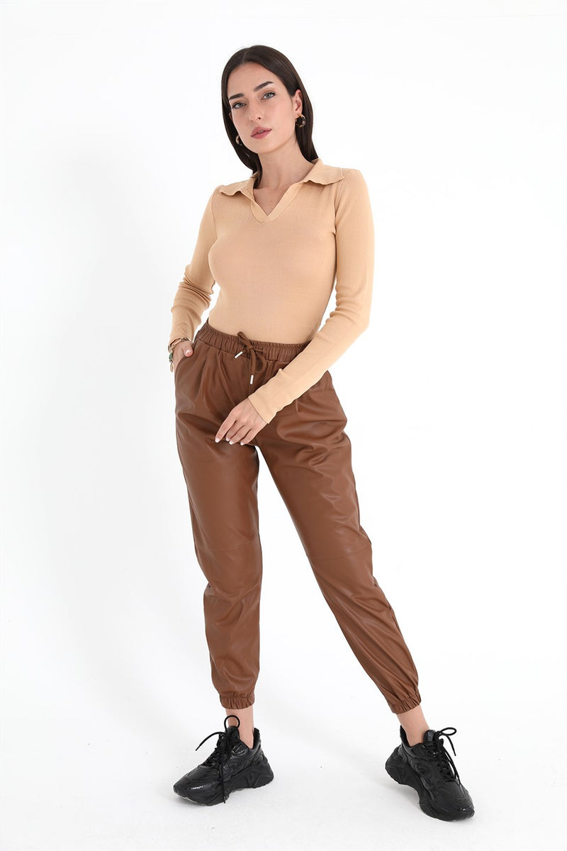 Women's Pleated Leather Pants with Elastic Waist and Elastic Legs - Tan - STREETMODE ™
