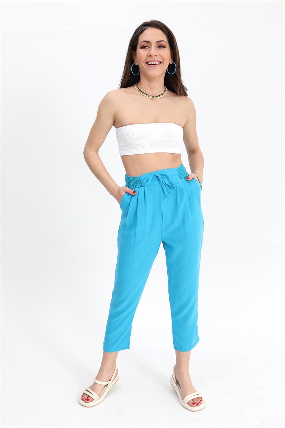 Women's Trousers Waist Elastic Corded Cotton Fabric - Blue - STREETMODE ™