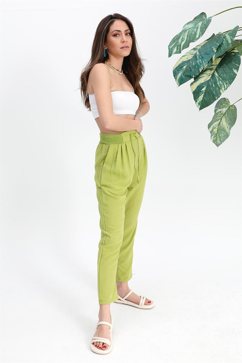 Women's Trouser Waist Elastic Corded Cotton Fabric - Green - STREETMODE ™