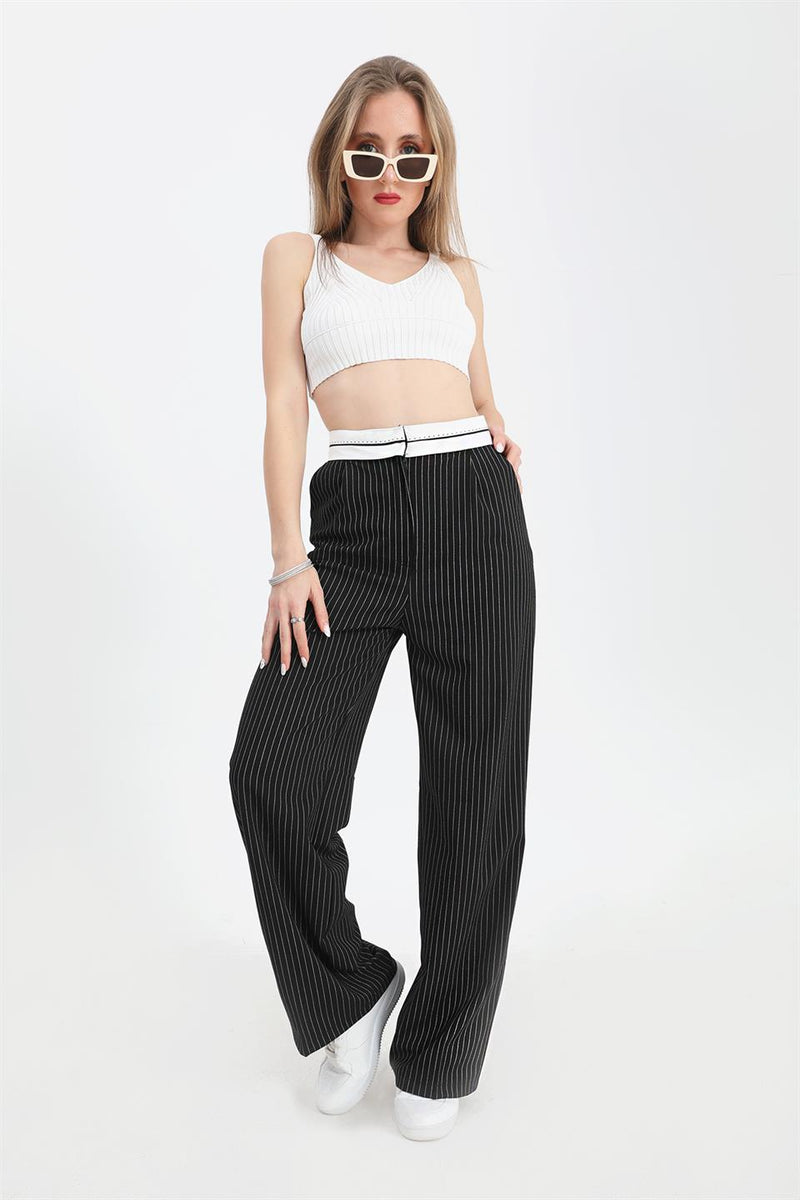 Women's Trousers Garni Belted Pinstripe - Black - STREETMODE ™