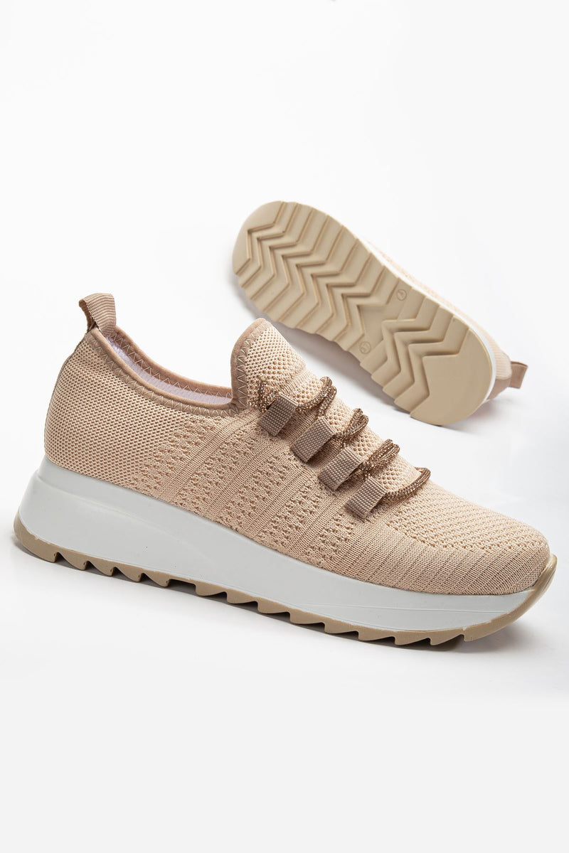Women's Beige Knit Lace-up Stoned Comfortable Sneakers - STREETMODE ™