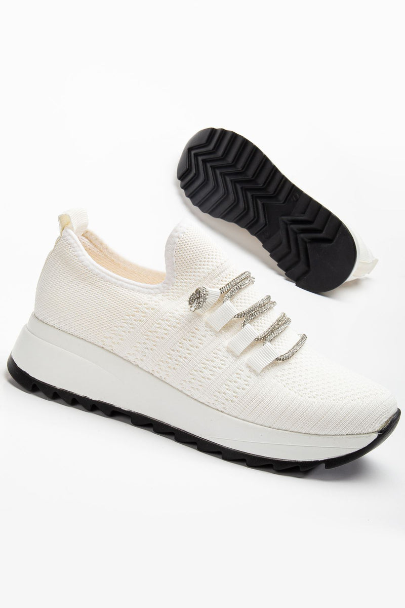 Women's White Knit Lace-up Stoned Comfortable Sneakers - STREETMODE ™