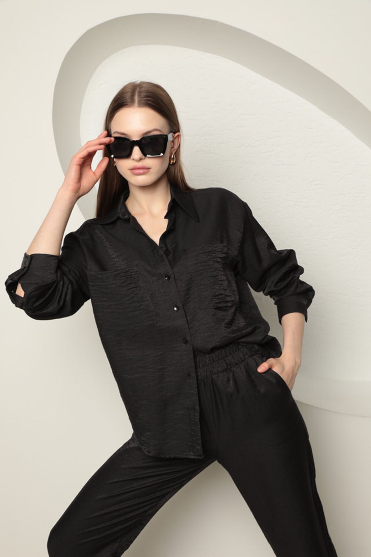 Shiny Fabric Women's Suit-Black - STREETMODE ™