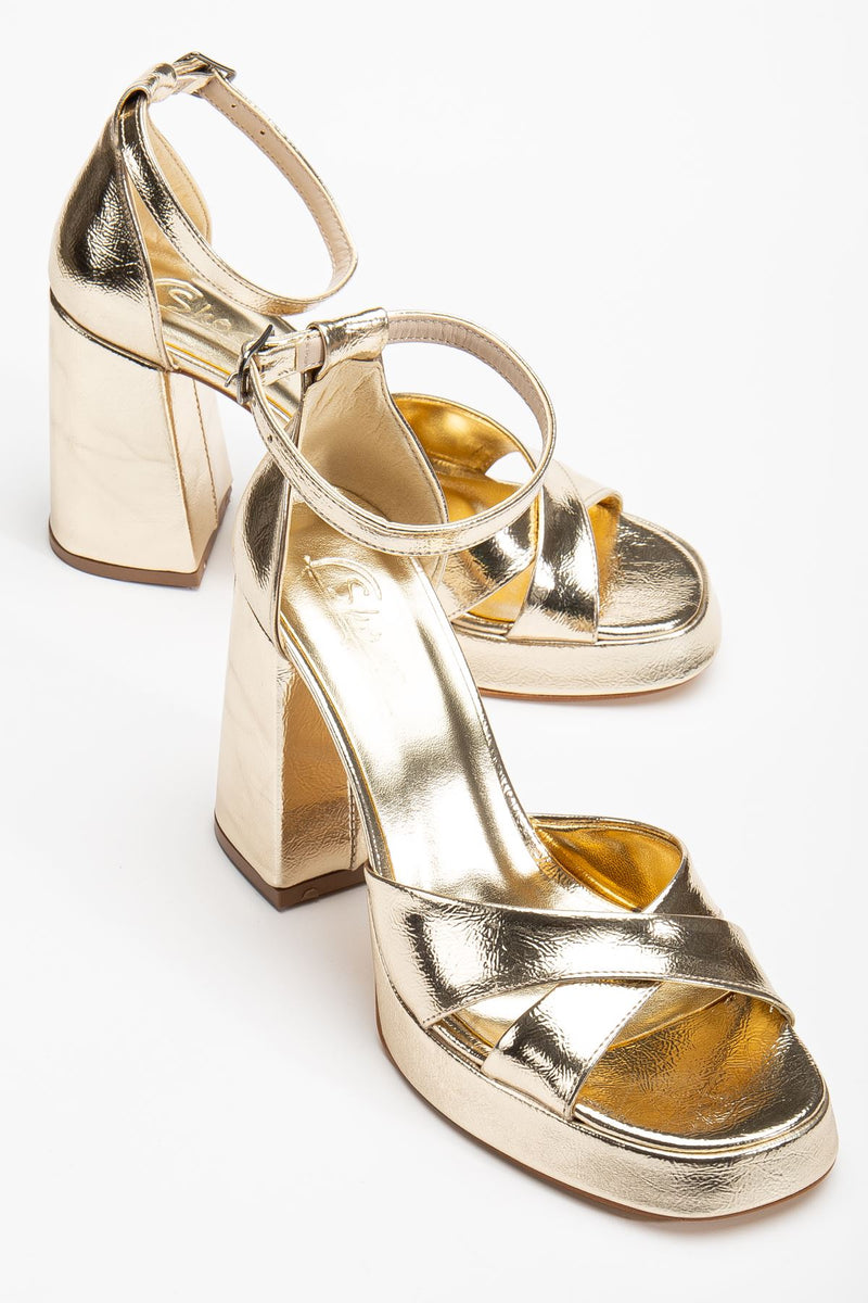 Women's Gold Leather Platform Open Toe Chunky Heel Shoes - STREETMODE ™