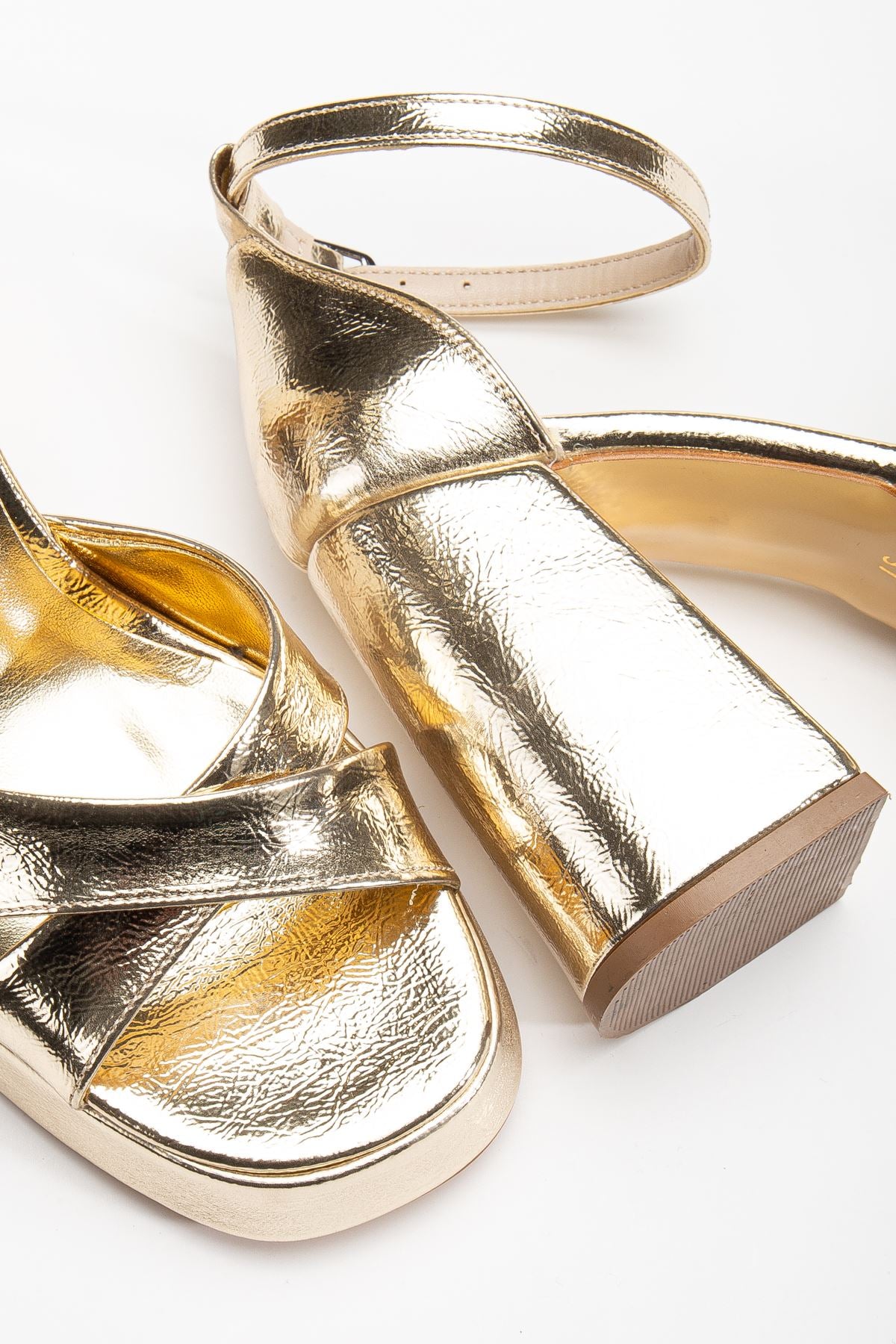 Women's Gold Leather Platform Open Toe Chunky Heel Shoes - STREETMODE ™