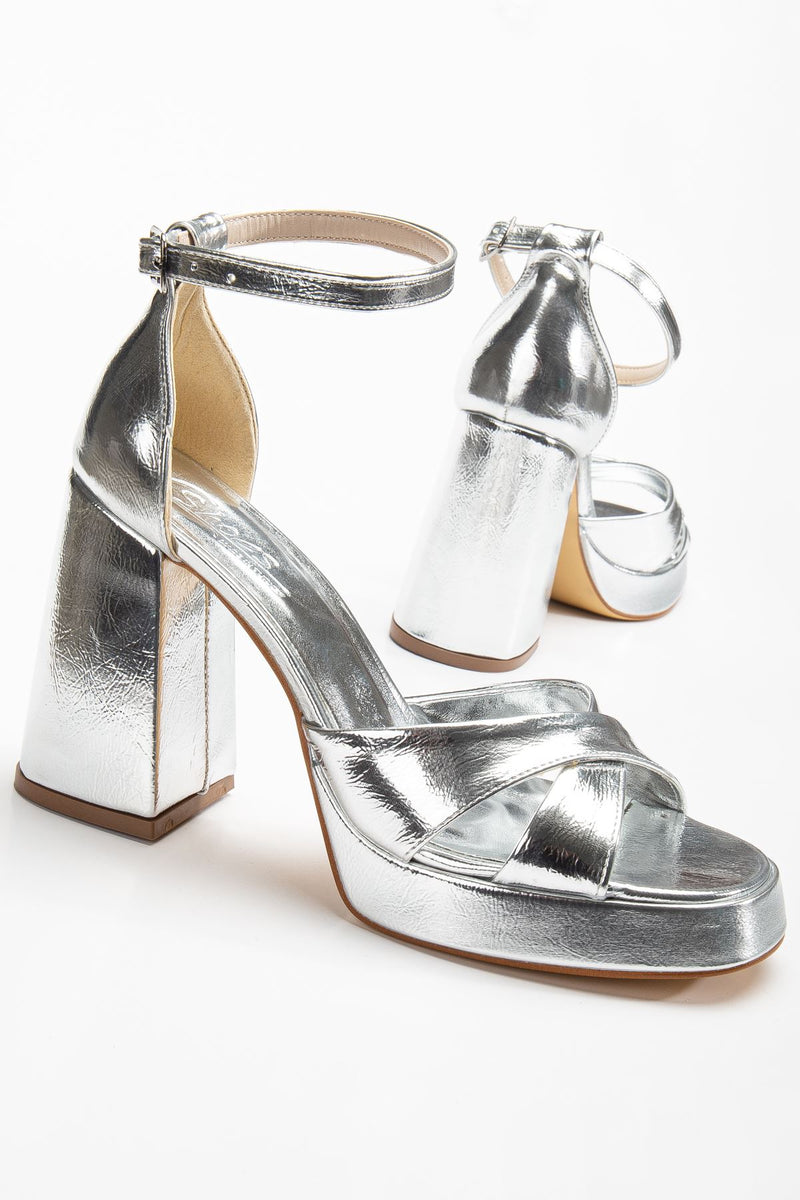 Women's Silver Skin Platform Open Toe Chunky Heel Shoes - STREETMODE ™