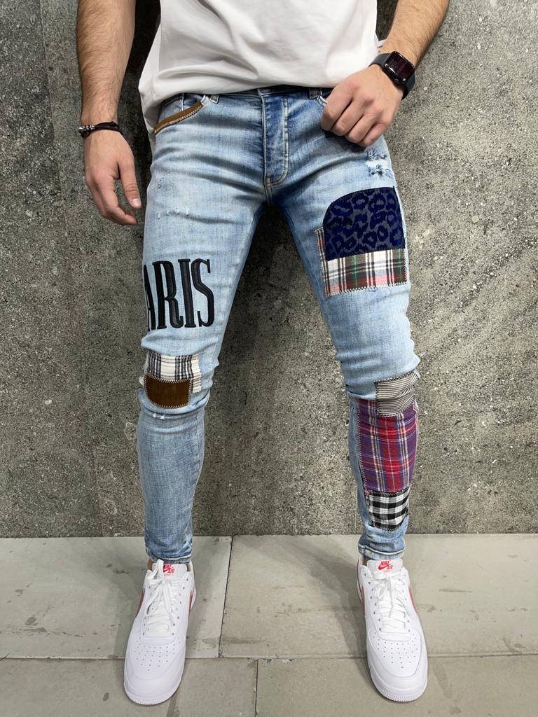 Premium Paris Patched Slim Fit Denim Jeans Blue - STREETMODE ™
