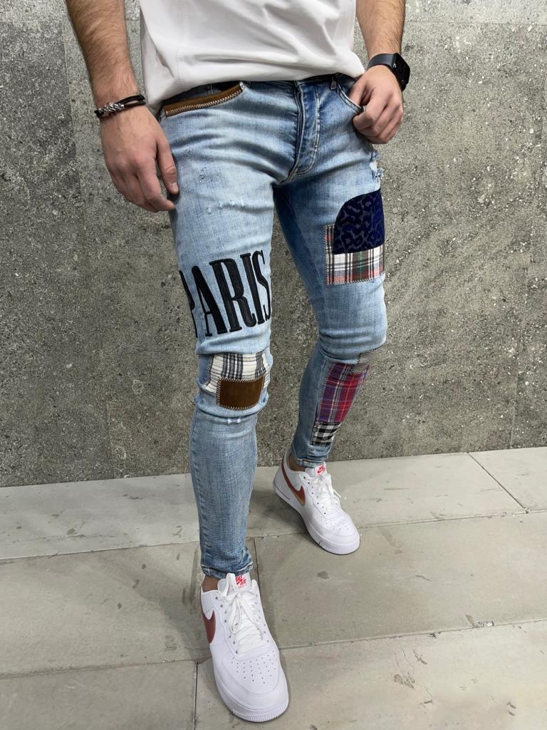 Premium Paris Patched Slim Fit Denim Jeans Blue - STREETMODE ™