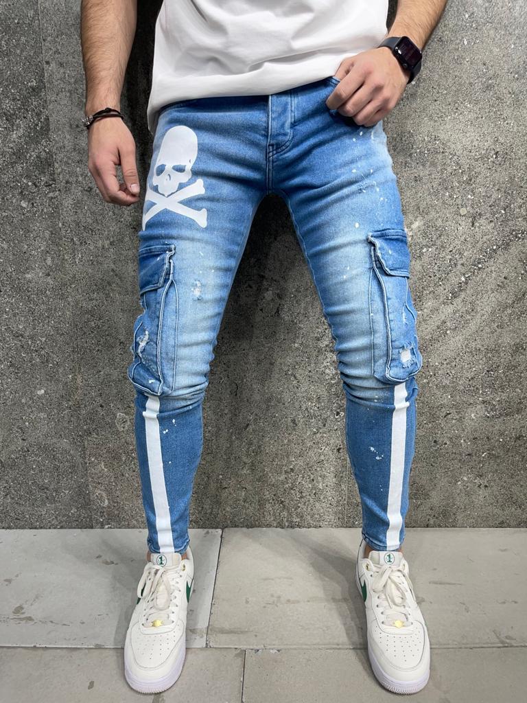 Premium Skull Line Cargo Slim Fit Denim Jean's - STREETMODE ™