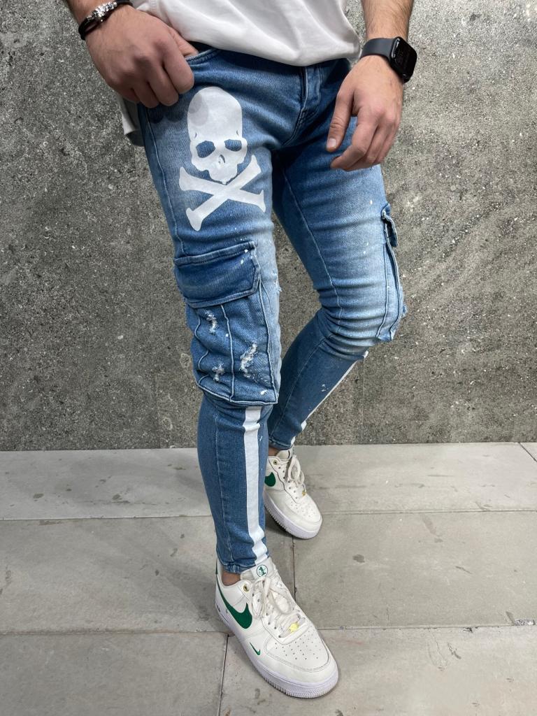 Premium Skull Line Cargo Slim Fit Denim Jean's - STREETMODE ™